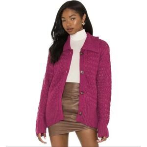 NWT $161 For Love And Lemons Florence Cable Knit Oversized Cardigan Fuchsia XXS